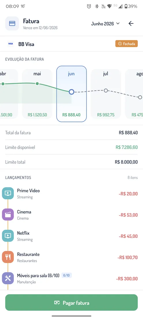 Fatura de cartão de crédito no Grana+