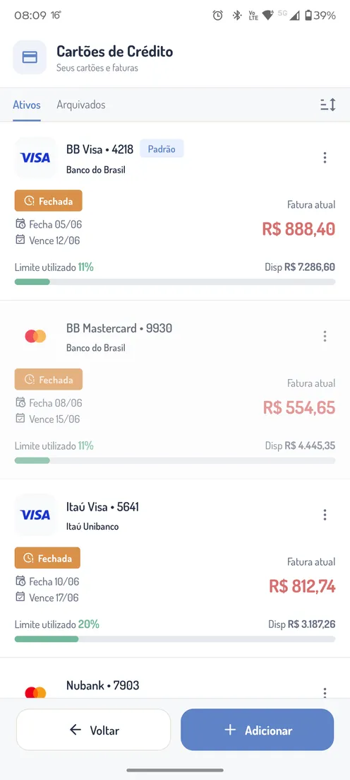Lista de cartões de crédito no Grana+
