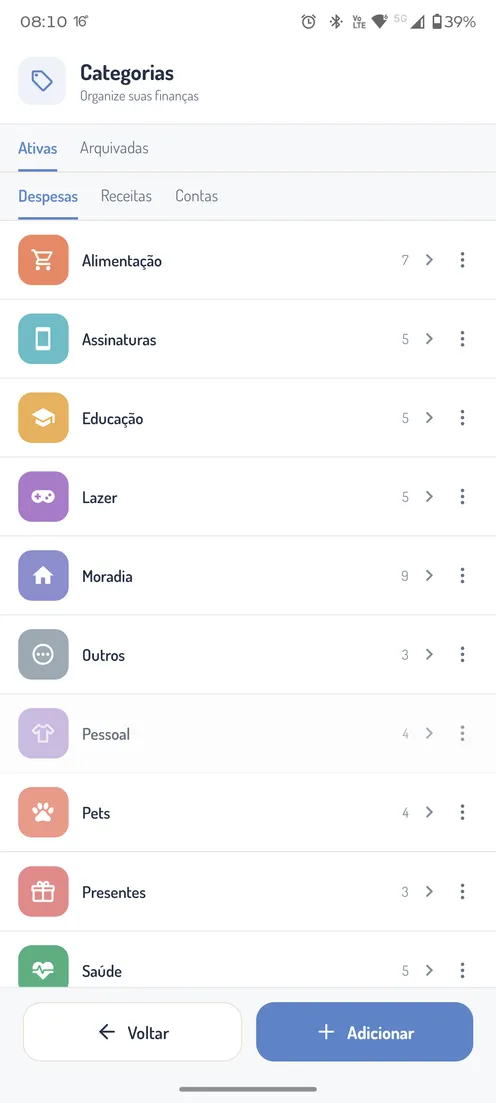 Gastos por categoria no Grana+