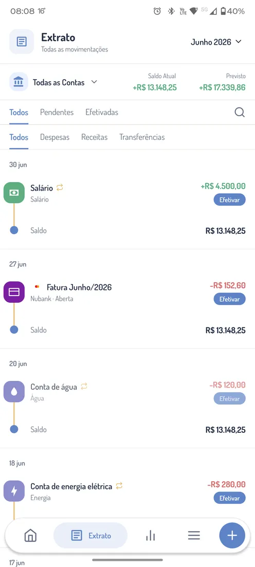 Extrato de transações do Grana+