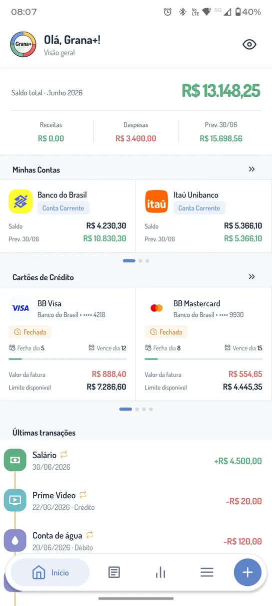 Tela inicial do Grana+ com saldo total e projeção do mês