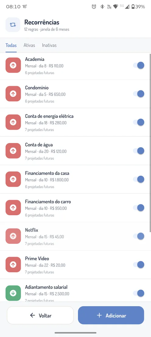 Contas recorrentes no Grana+